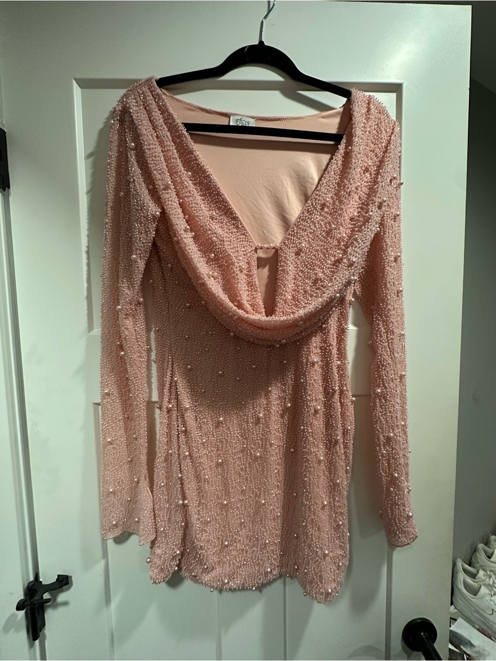 Oh Polly Blush Pink Beaded Cowl Neck Long Sleeve Dress